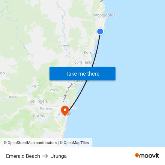 Emerald Beach to Urunga map