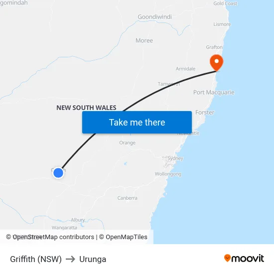 Griffith (NSW) to Urunga map
