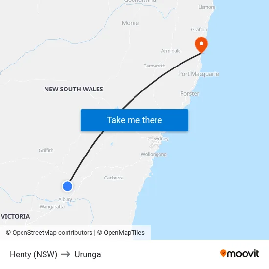Henty (NSW) to Urunga map