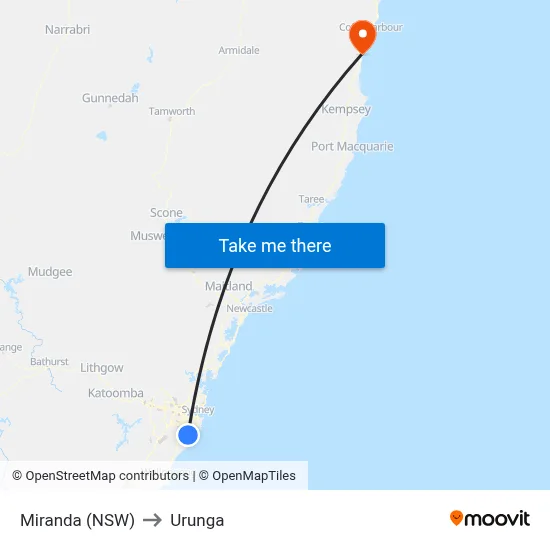 Miranda (NSW) to Urunga map