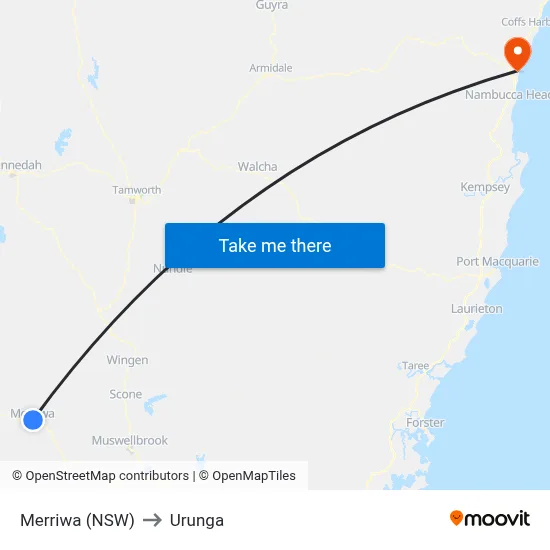Merriwa (NSW) to Urunga map