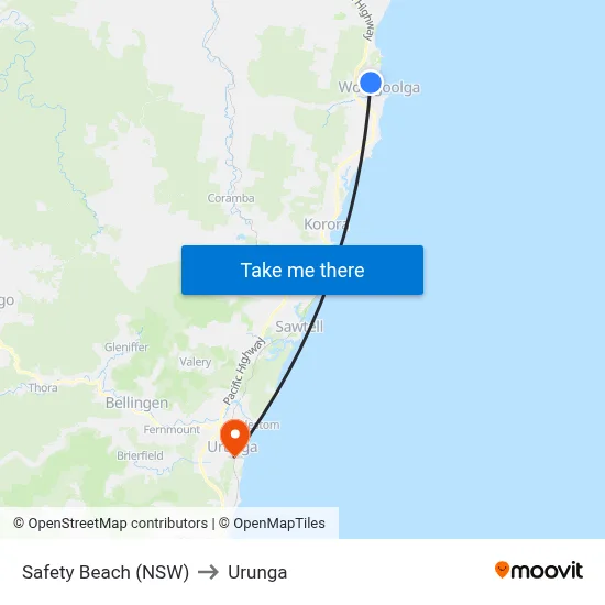 Safety Beach (NSW) to Urunga map