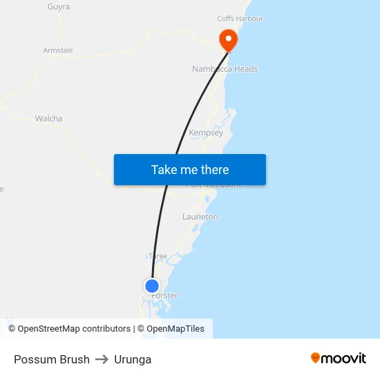 Possum Brush to Urunga map