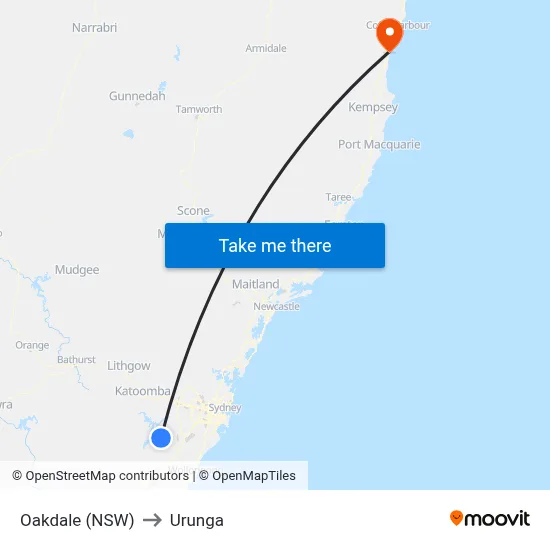 Oakdale (NSW) to Urunga map