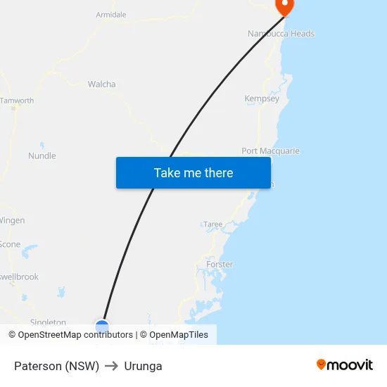 Paterson (NSW) to Urunga map