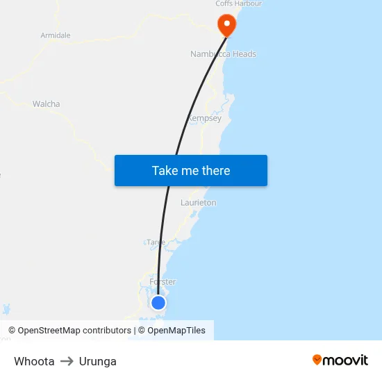 Whoota to Urunga map