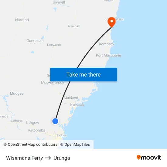 Wisemans Ferry to Urunga map