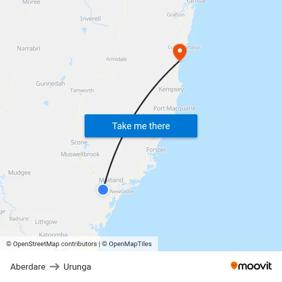 Aberdare to Urunga map