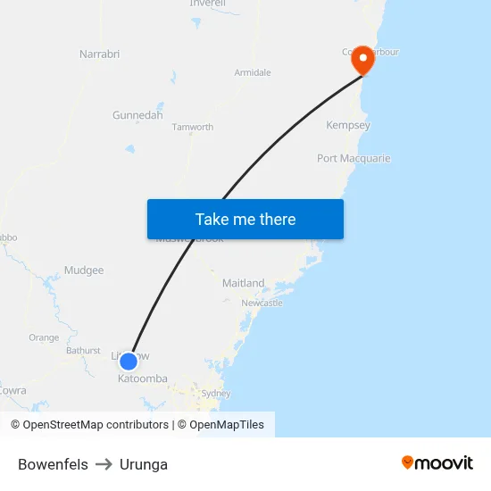 Bowenfels to Urunga map