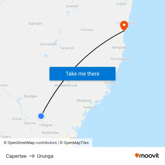 Capertee to Urunga map