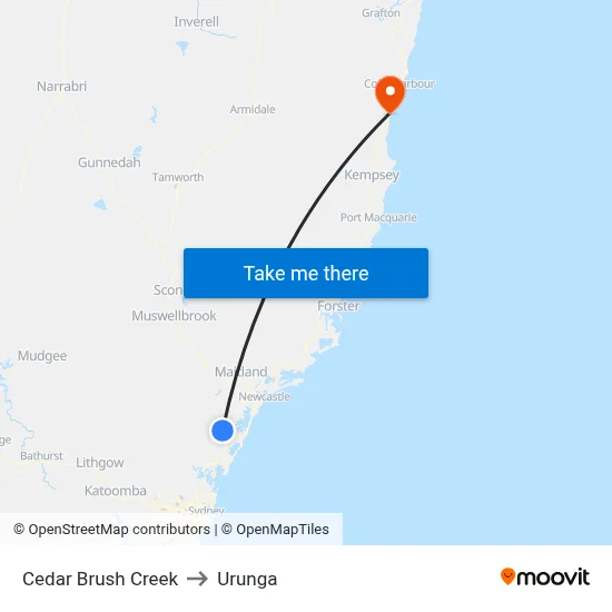 Cedar Brush Creek to Urunga map