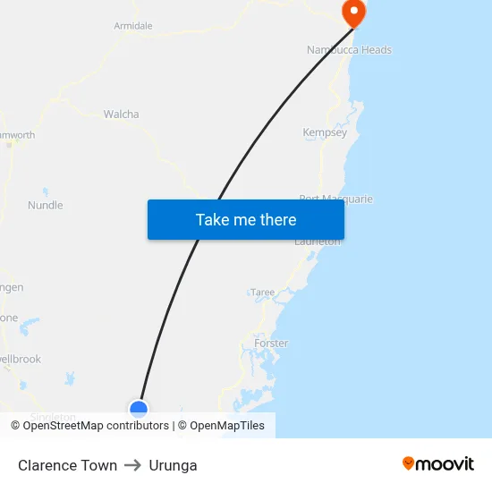 Clarence Town to Urunga map