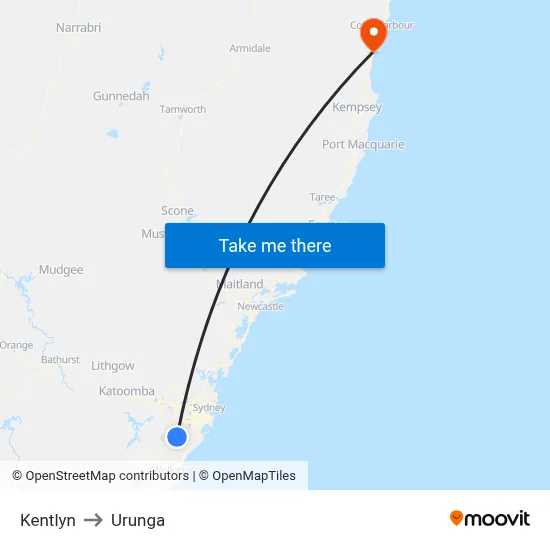 Kentlyn to Urunga map