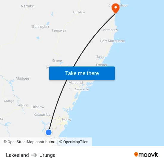 Lakesland to Urunga map
