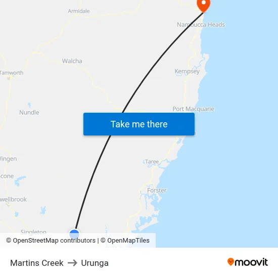 Martins Creek to Urunga map