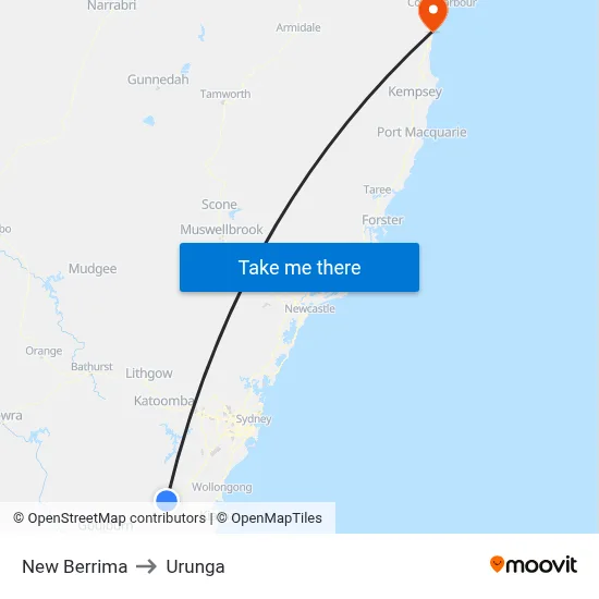 New Berrima to Urunga map
