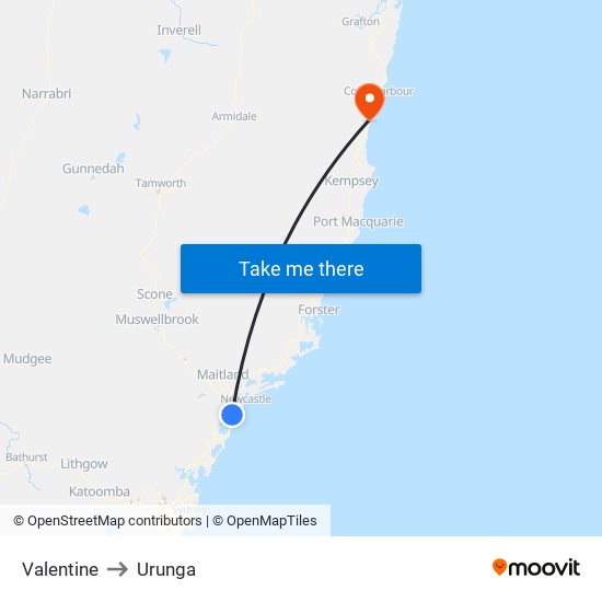 Valentine to Urunga map