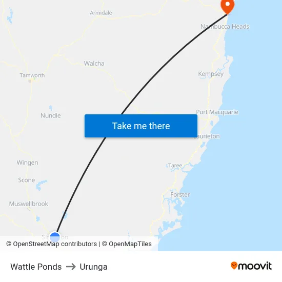 Wattle Ponds to Urunga map