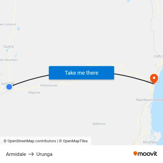 Armidale to Urunga map