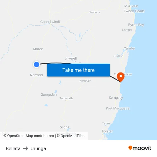 Bellata to Urunga map