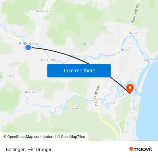 Bellingen to Urunga map
