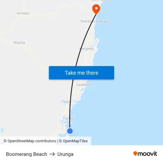 Boomerang Beach to Urunga map
