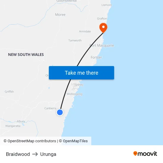 Braidwood to Urunga map