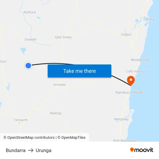 Bundarra to Urunga map