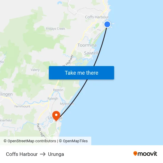 Coffs Harbour to Urunga map
