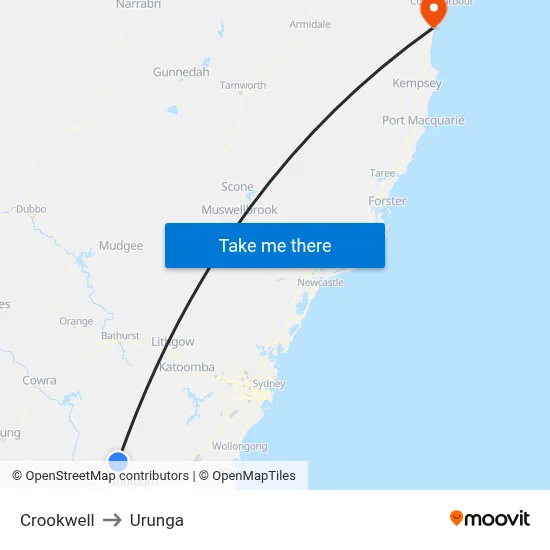 Crookwell to Urunga map