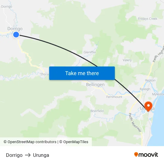 Dorrigo to Urunga map