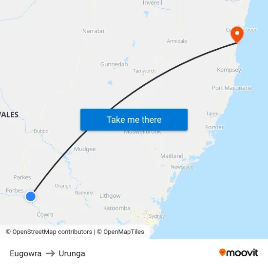 Eugowra to Urunga map