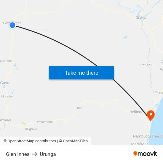 Glen Innes to Urunga map