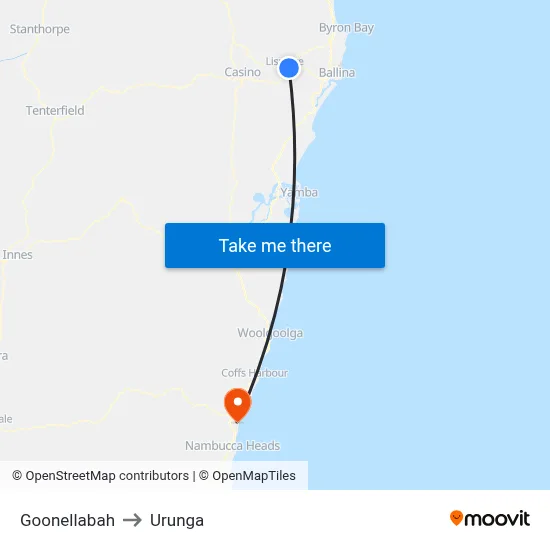 Goonellabah to Urunga map
