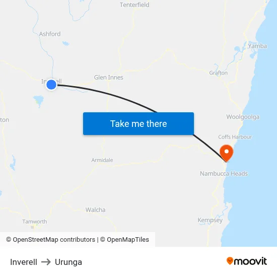 Inverell to Urunga map