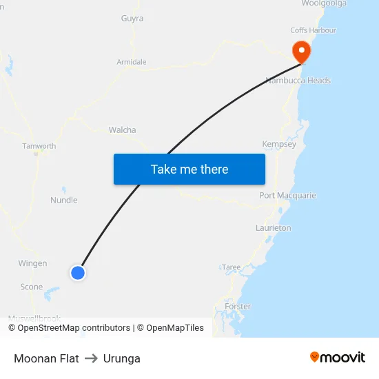 Moonan Flat to Urunga map