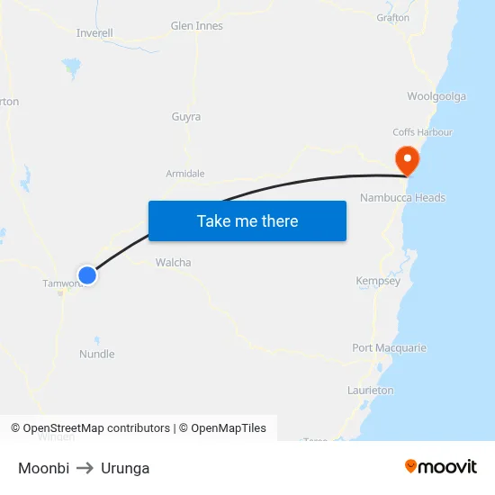 Moonbi to Urunga map