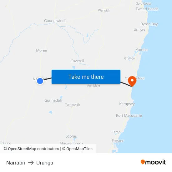 Narrabri to Urunga map