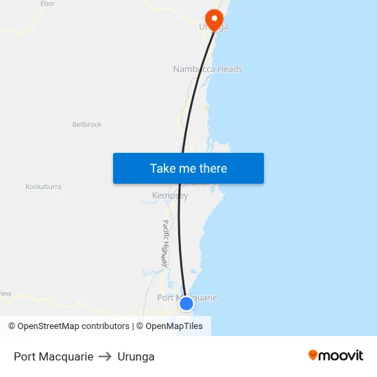 Port Macquarie to Urunga map