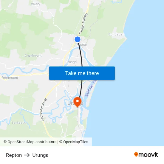 Repton to Urunga map