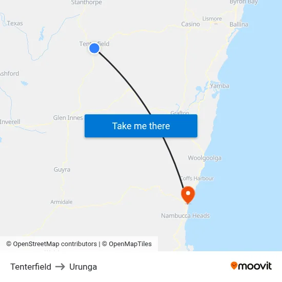 Tenterfield to Urunga map