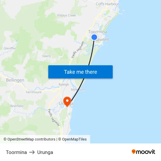 Toormina to Urunga map