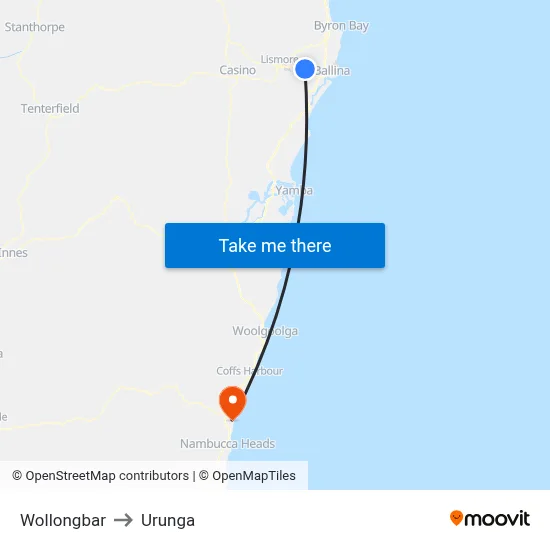 Wollongbar to Urunga map
