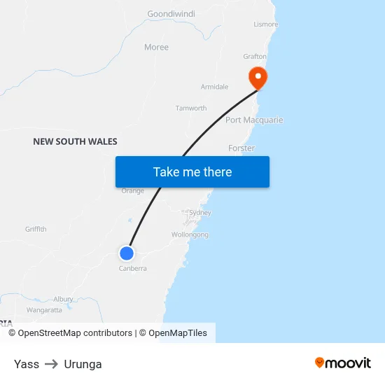 Yass to Urunga map