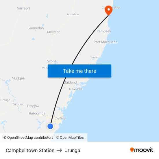 Campbelltown Station to Urunga map