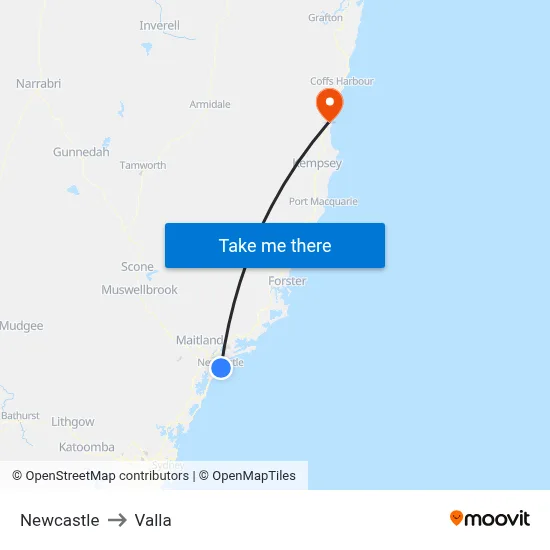 Newcastle to Valla map