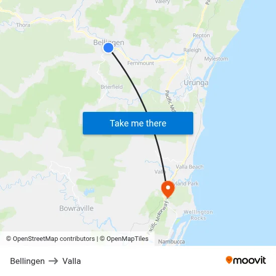 Bellingen to Valla map