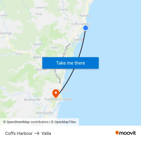 Coffs Harbour to Valla map