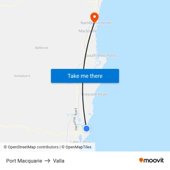 Port Macquarie to Valla map