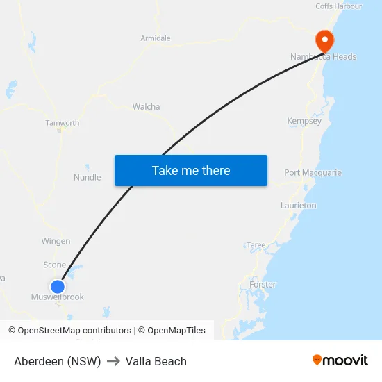 Aberdeen (NSW) to Valla Beach map